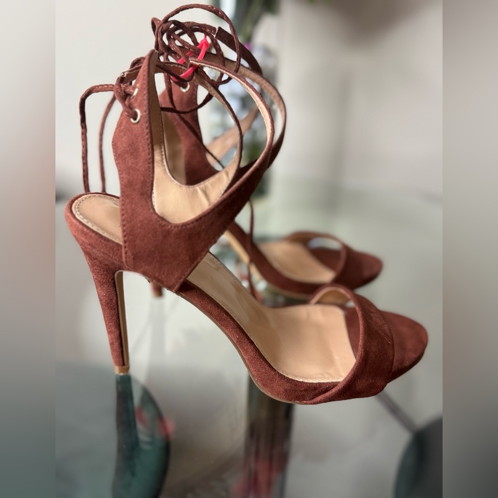 Elegant Brown Open Toe Suede Women's Strap Heels